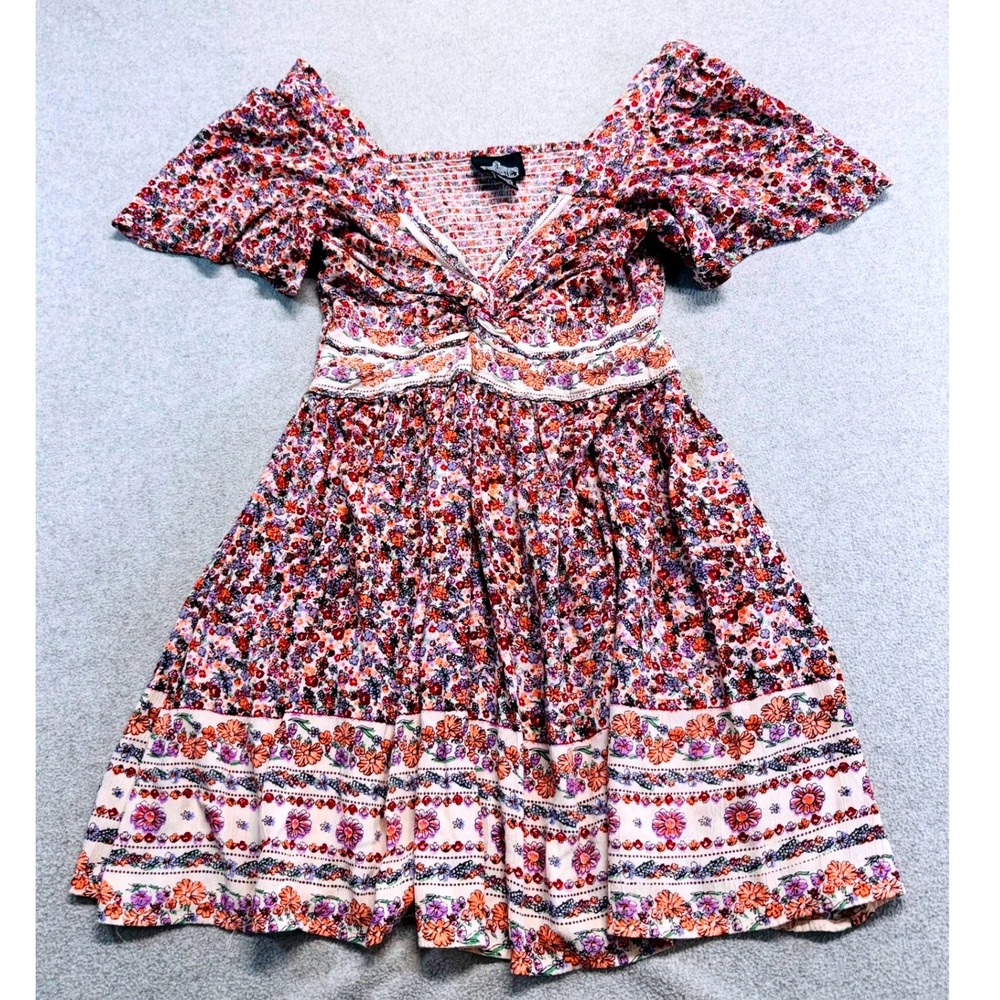 Angie Floral Mini Dress Womens M Multicolor Boho Flutter Sleeve V-Neck Smocked - Picture 1 of 9